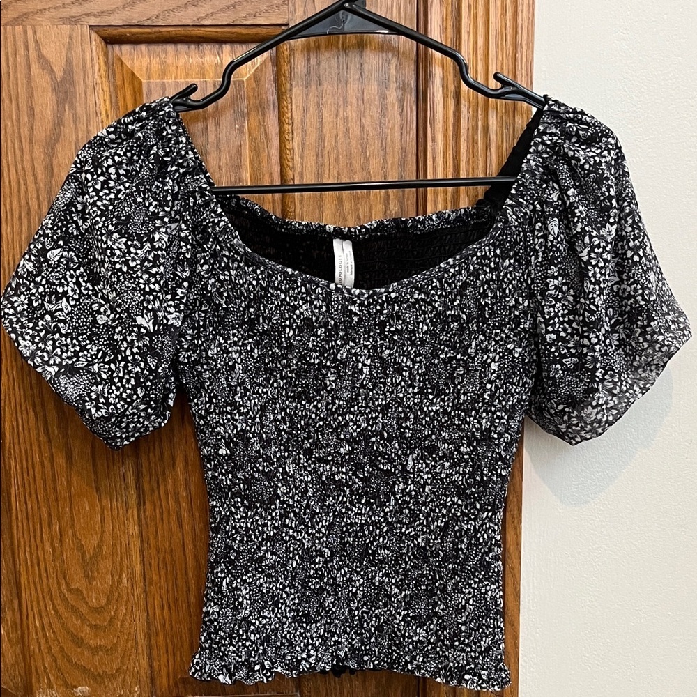 Anthropologie Black and White Floral Smocked Blouse whimsy whimsygoth